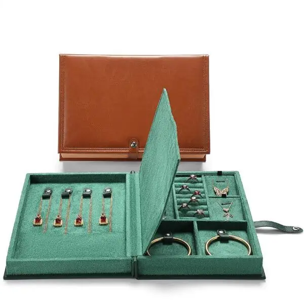 Custom Leather Book-Shape Jewelry Storage Boxes Custom leather book-style jewelry storage box with embossed logo and interior compartments for travel jewelry storage