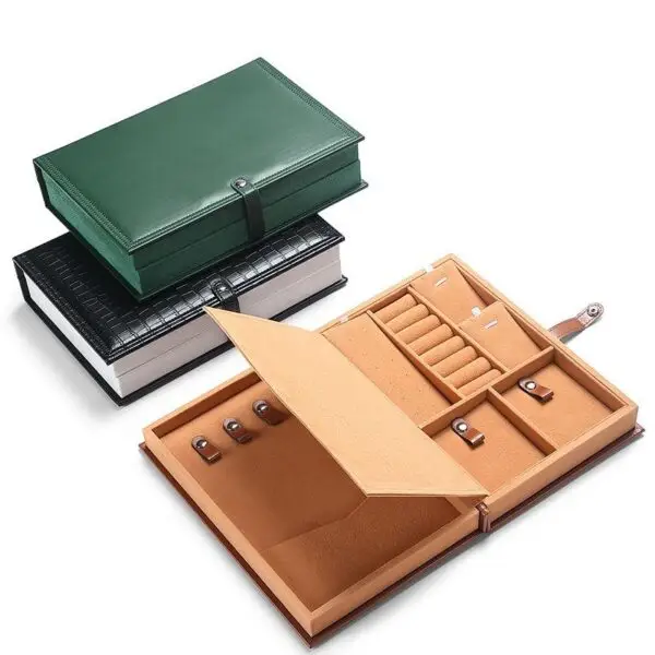 Custom Leather Book-Shape Jewelry Storage Boxes Custom leather book-style jewelry storage box with embossed logo and interior compartments for travel jewelry storage