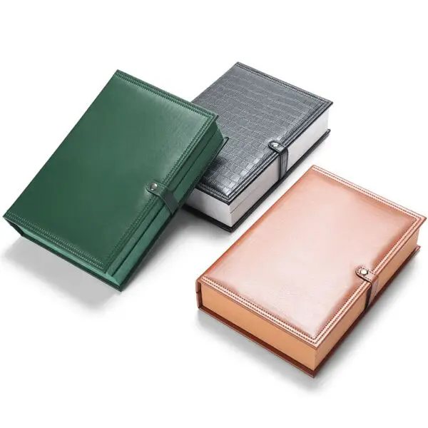 Custom Leather Book-Shape Jewelry Storage Boxes Custom leather book-style jewelry storage box with embossed logo and interior compartments for travel jewelry storage
