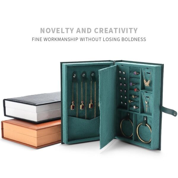 Custom Leather Book-Shape Jewelry Storage Boxes Custom leather book-style jewelry storage box with embossed logo and interior compartments for travel jewelry storage