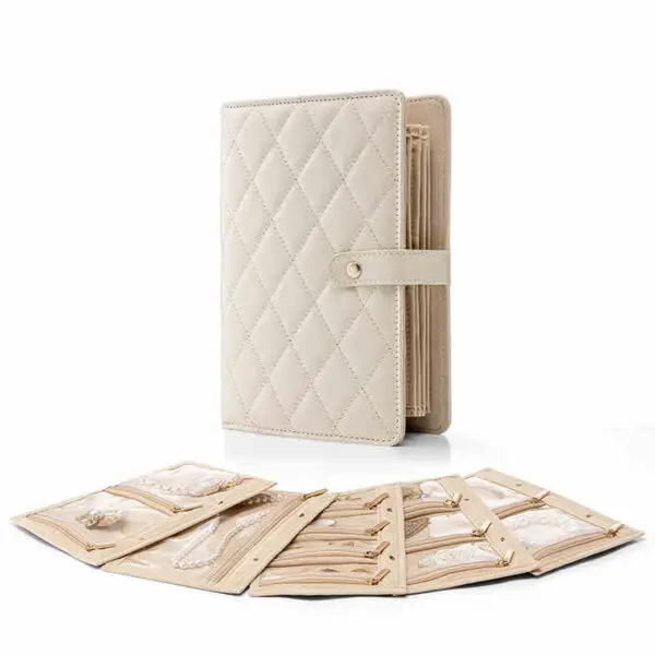 Custom leather book-shape jewelry travel bag with compartments, portable organization, and embossed logo branding