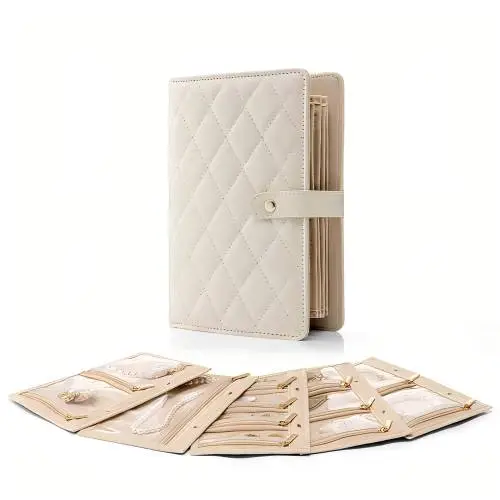 Custom leather book-shape jewelry travel bag with compartments, portable organization, and embossed logo branding