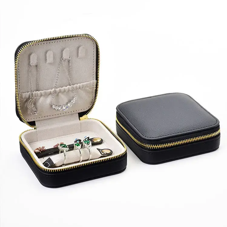 Premium custom black leather jewelry travel case with personalized logo branding for wholesale