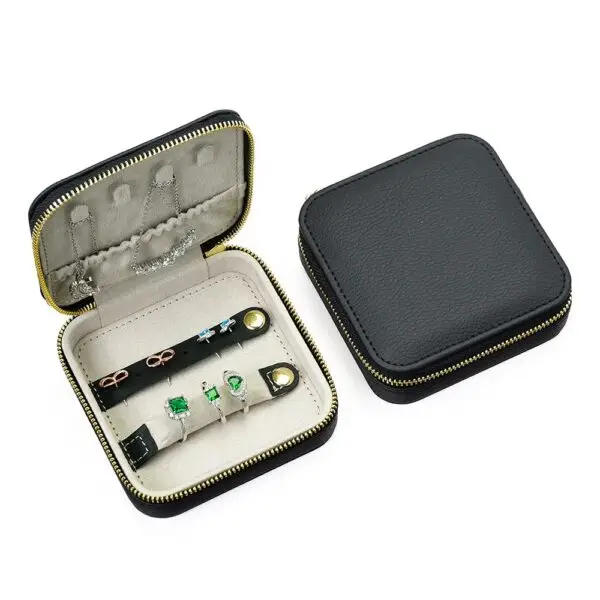 Premium custom black leather jewelry travel case with personalized logo branding for wholesale