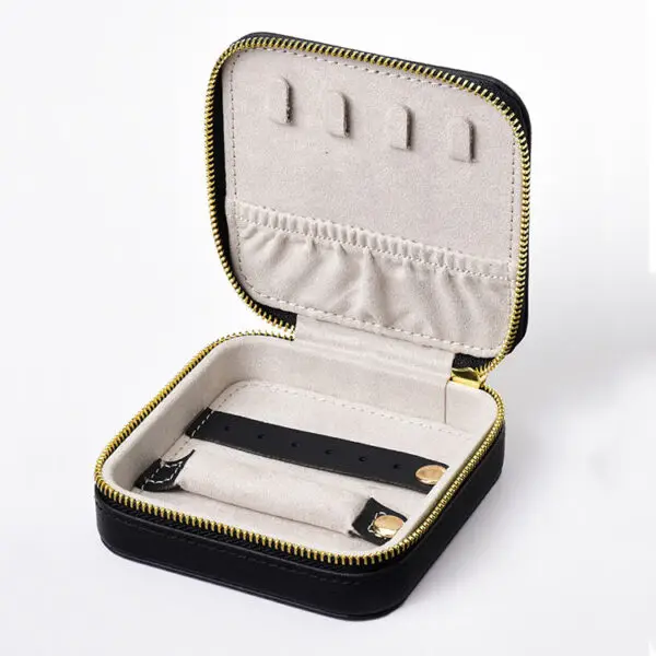 Premium custom black leather jewelry travel case with personalized logo branding for wholesale