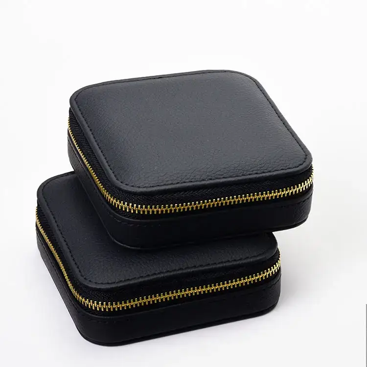 Premium custom black leather jewelry travel case with personalized logo branding for wholesale