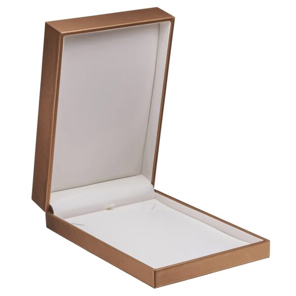Premium leather necklace box with custom rigid construction, magnetic closure, and interior foam insert display