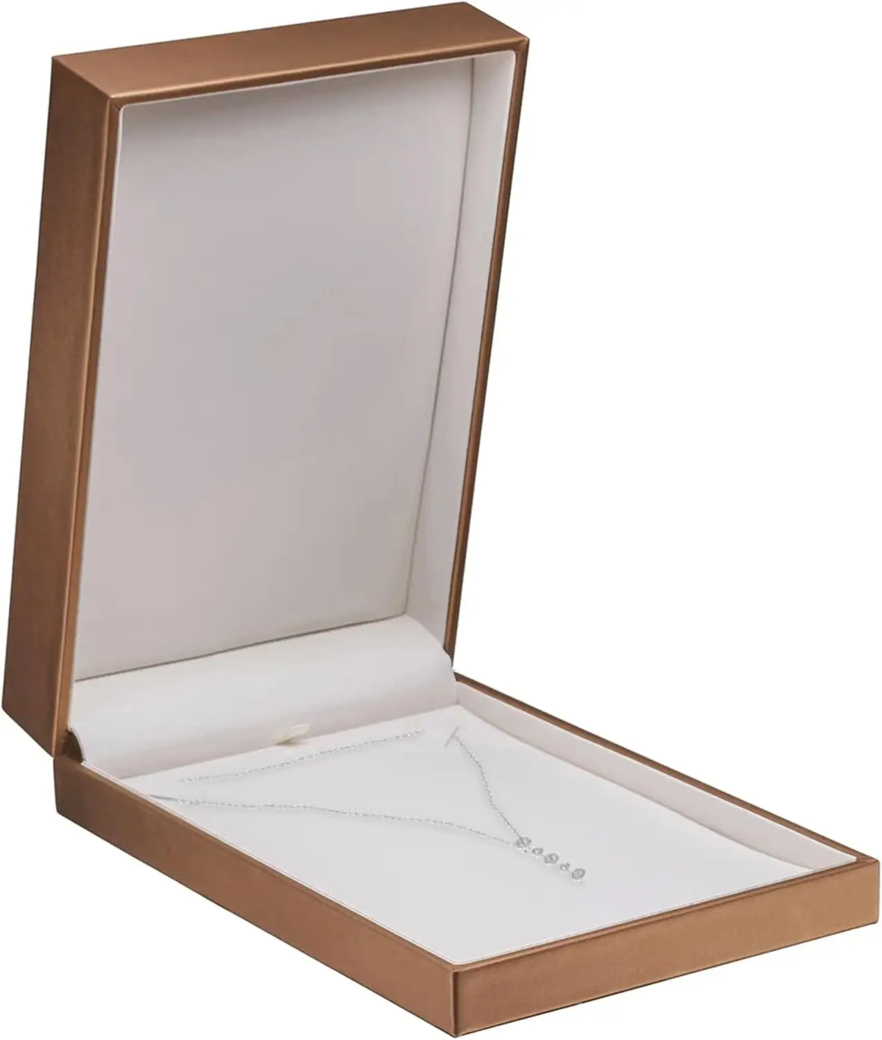 Premium leather necklace box with custom rigid construction, magnetic closure, and interior foam insert display