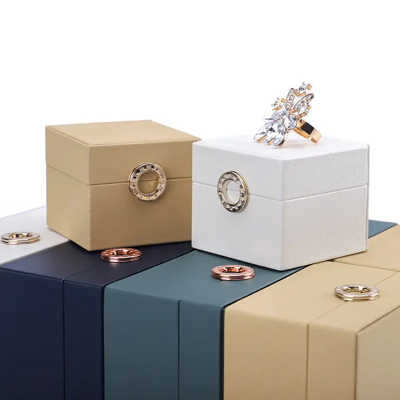Premium custom leather ring box with embossed logo and personalized velvet interior display