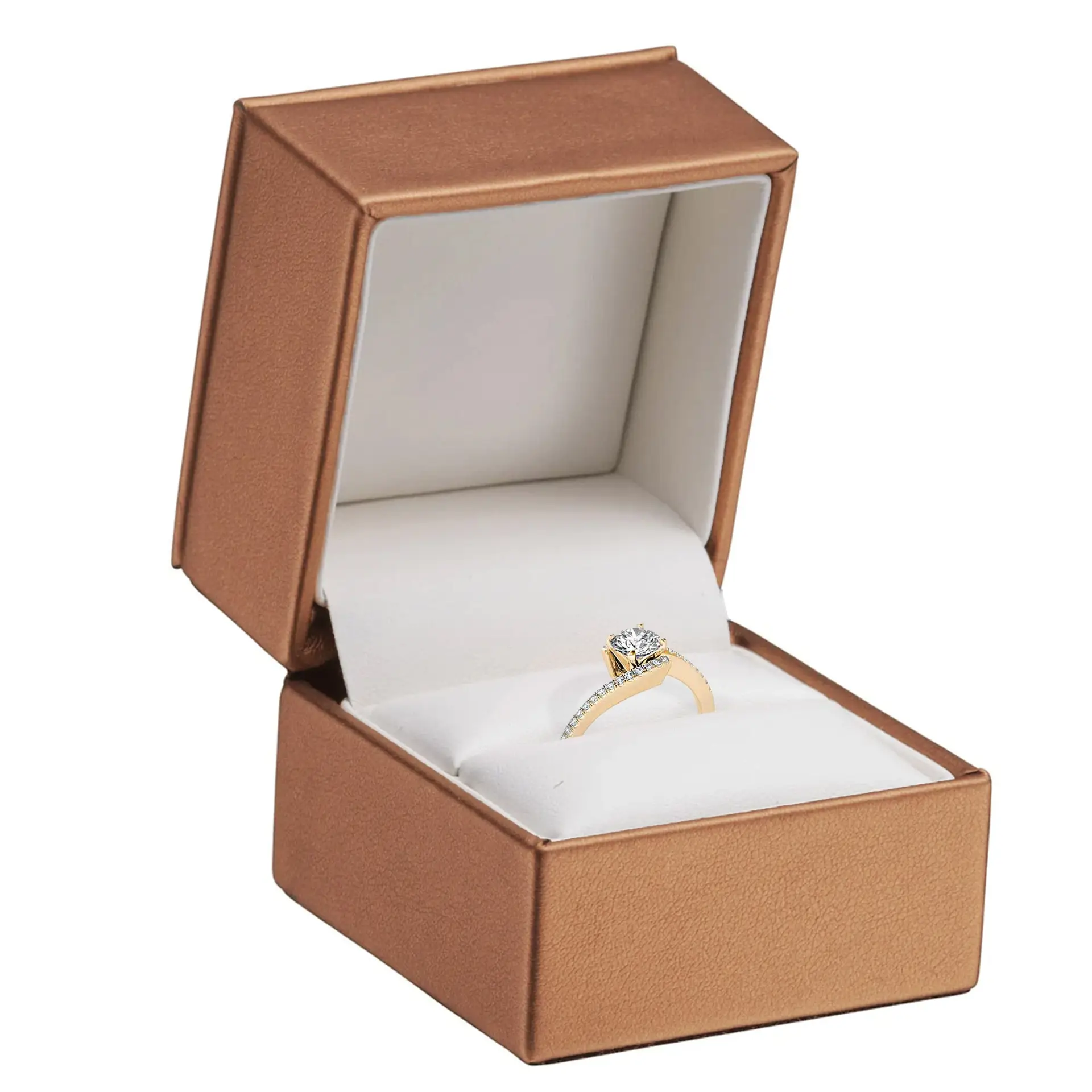 Premium custom luxury leather ring box with embossed logo, silk insert, and magnetic closure