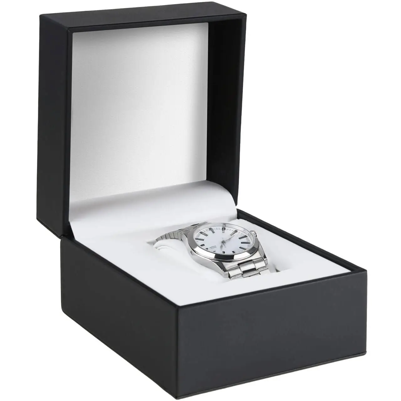 Luxury custom leather watch box with white foam packer insert, closed and open views