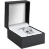 Luxury custom leather watch box with white foam packer insert, closed and open views
