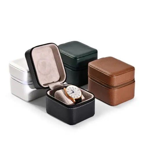 Custom Portable Leather Single Watch Gift Box | OEM Watch Packaging Custom portable leather single watch gift box with velvet pillow insert and gold hot-stamped logo — factory-direct OEM watch packaging