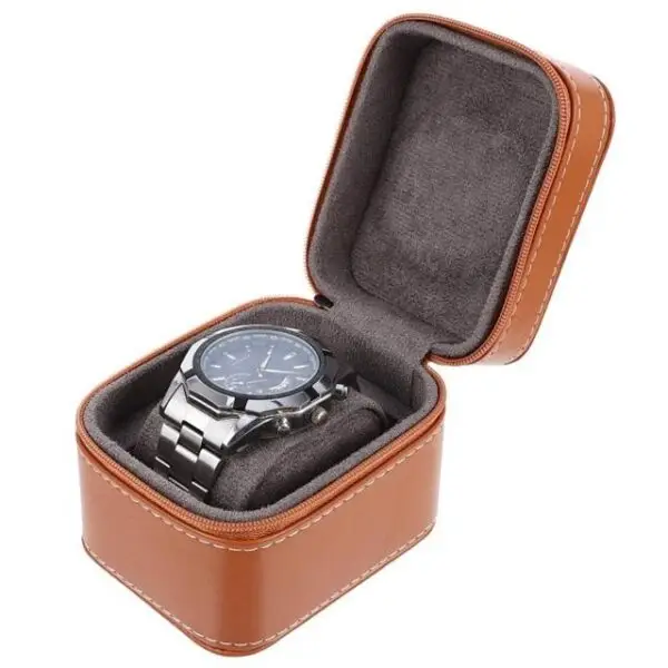 Custom portable leather single watch gift box with velvet pillow insert and gold hot-stamped logo — factory-direct OEM watch packaging