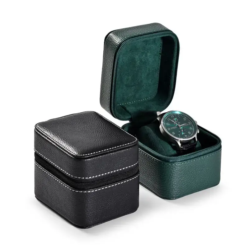Custom portable leather single watch gift box with velvet pillow insert and gold hot-stamped logo — factory-direct OEM watch packaging