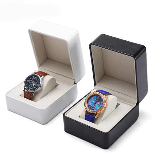 Black and white leather watch gift boxes with custom logo embossing and foam inserts for luxury brand packaging