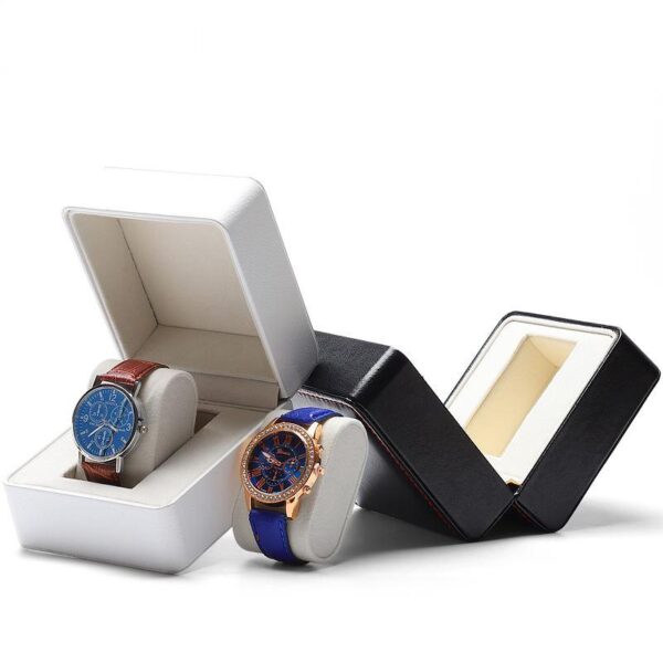 Black and white leather watch gift boxes with custom logo embossing and foam inserts for luxury brand packaging