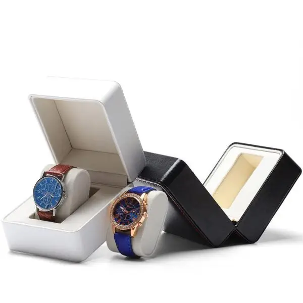 Custom Black and White Leather Watch Gift Box with Logo Branding Black and white leather watch gift boxes with custom logo embossing and foam inserts for luxury brand packaging