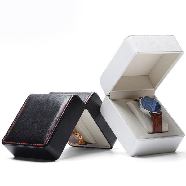 Black and white leather watch gift boxes with custom logo embossing and foam inserts for luxury brand packaging