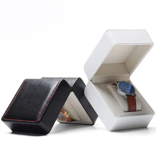 Custom Black and White Leather Watch Gift Box with Logo Branding Black and white leather watch gift boxes with custom logo embossing and foam inserts for luxury brand packaging