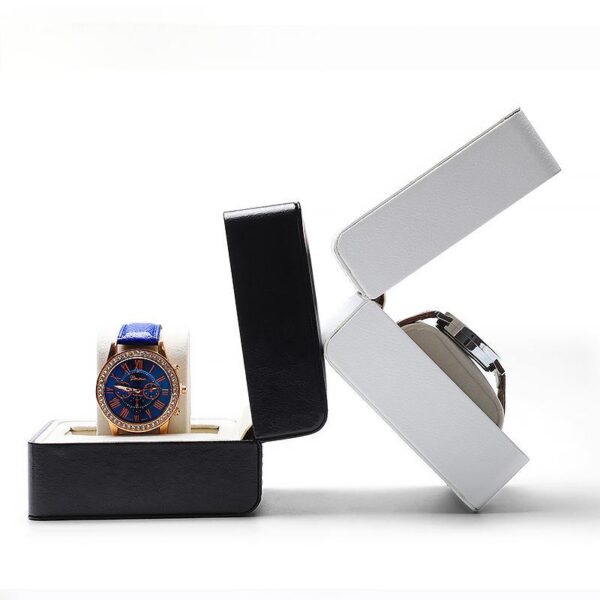 Black and white leather watch gift boxes with custom logo embossing and foam inserts for luxury brand packaging