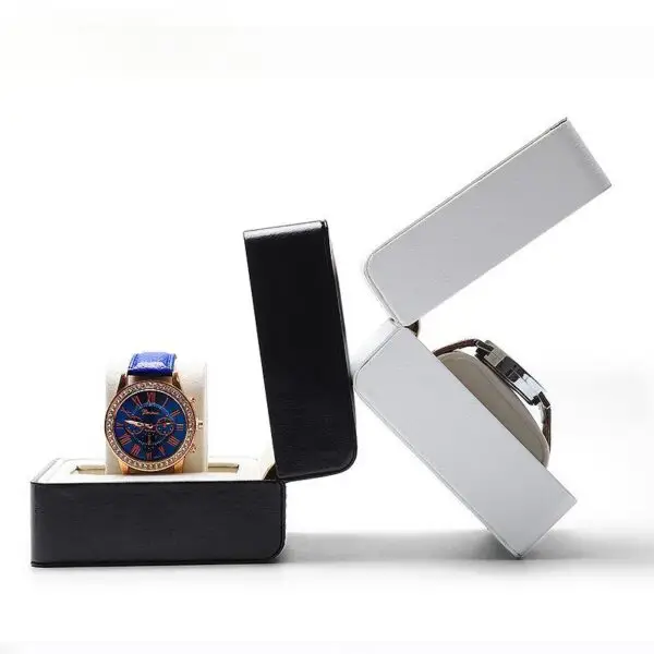 Custom Black and White Leather Watch Gift Box with Logo Branding Black and white leather watch gift boxes with custom logo embossing and foam inserts for luxury brand packaging
