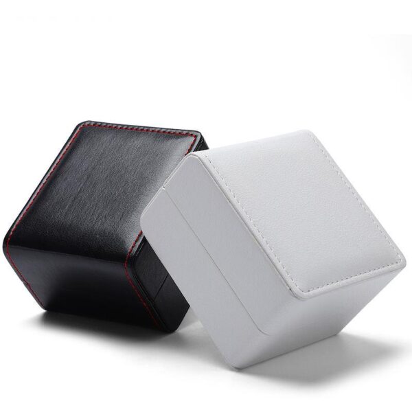 Black and white leather watch gift boxes with custom logo embossing and foam inserts for luxury brand packaging
