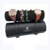 Custom leather 3-watch travel roll with embossed logo and padded watch compartments for retail jewelry packaging