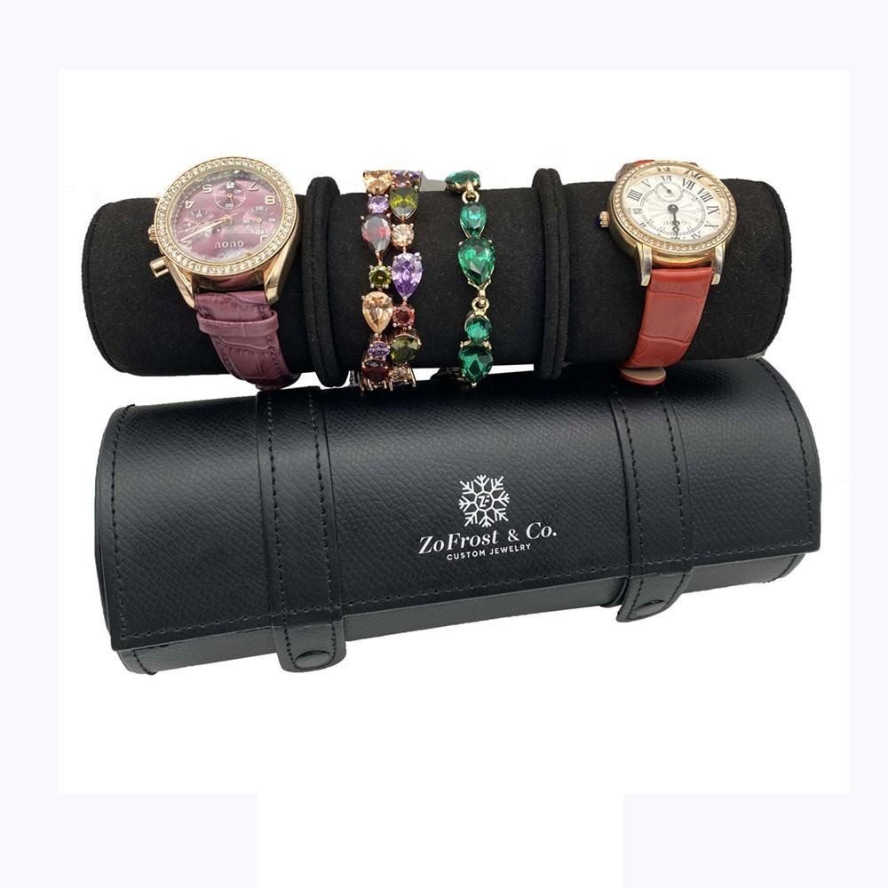Custom fabric watch rolls with silk lining, embossed logo, and adjustable compartments for jewelry brands