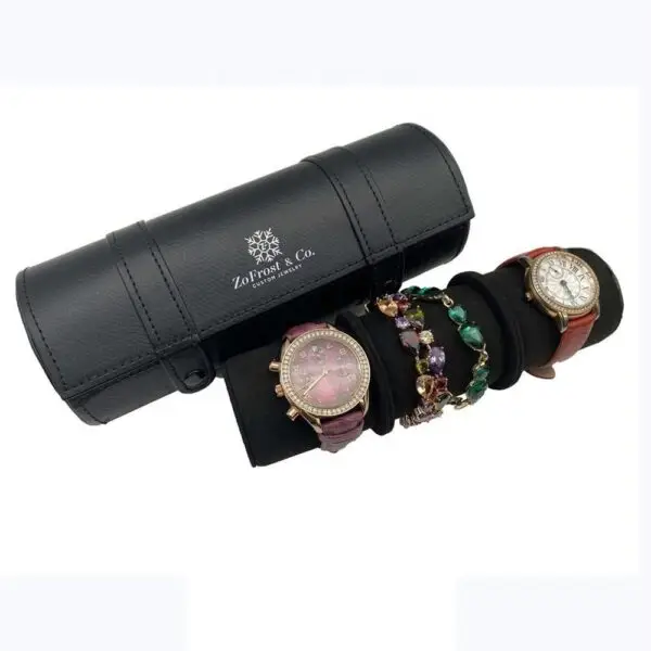 Custom leather 3-watch travel roll with embossed logo and padded watch compartments for retail jewelry packaging