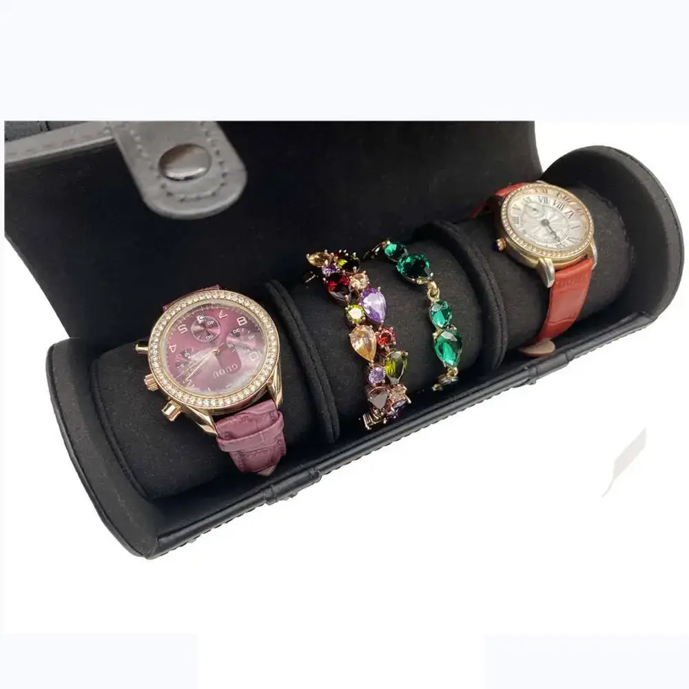 Custom leather 3-watch travel roll with embossed logo and padded watch compartments for retail jewelry packaging