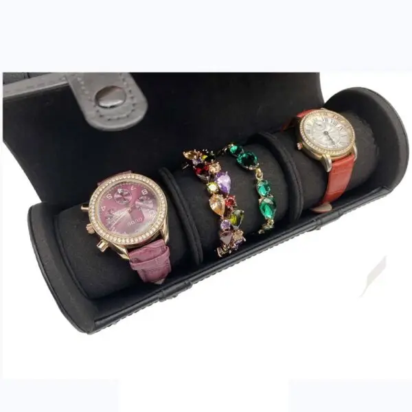 Custom leather 3-watch travel roll with embossed logo and padded watch compartments for retail jewelry packaging