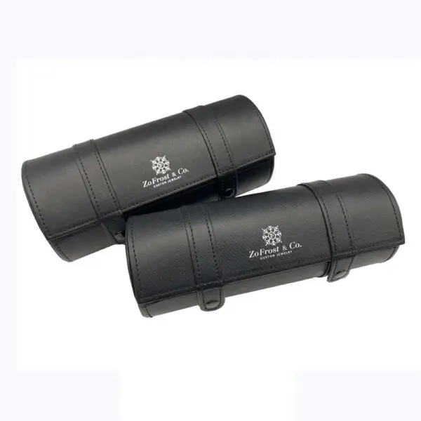 Custom leather 3-watch travel roll with embossed logo and padded watch compartments for retail jewelry packaging
