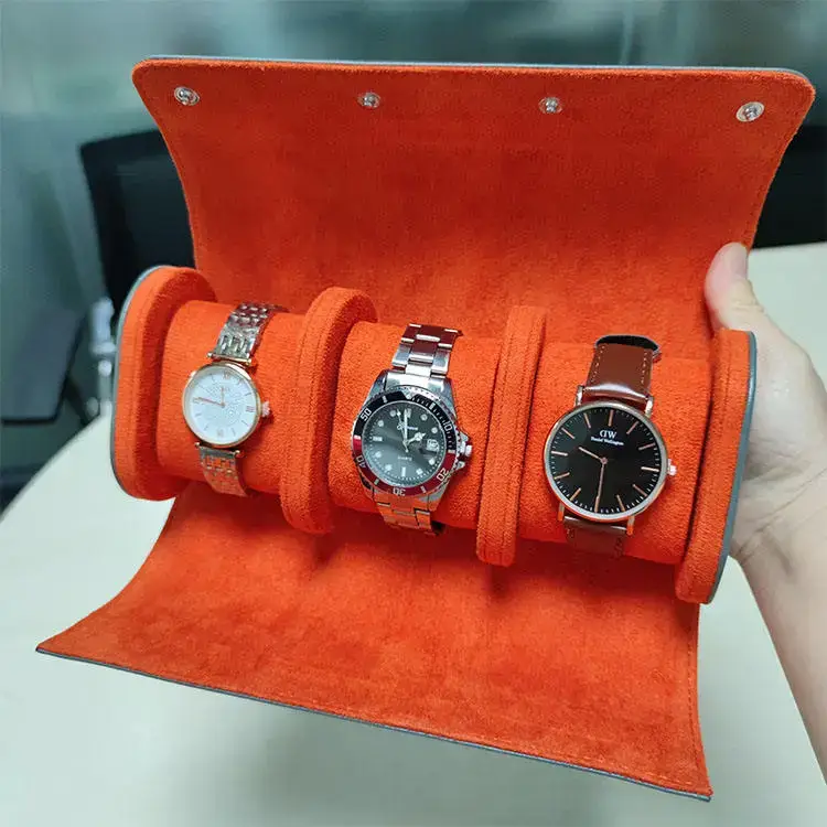 Custom vintage leather watch roll with 1–3 adjustable slots, debossed branding, and premium fabric lining