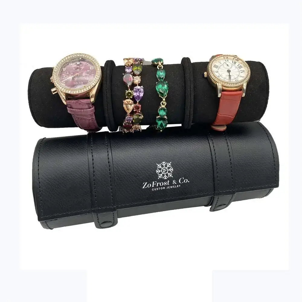 Custom leather 3-watch travel roll with embossed logo and padded watch compartments for retail jewelry packaging