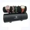 Custom leather 3-watch travel roll with embossed logo and padded watch compartments for retail jewelry packaging
