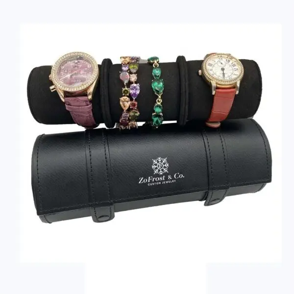 Custom leather 3-watch travel roll with embossed logo and padded watch compartments for retail jewelry packaging