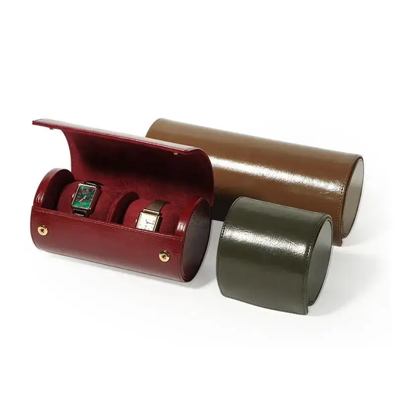 Custom leather travel watch roll with embossed logo, multi-compartment design for jewelry brand packaging