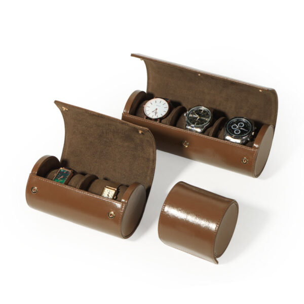 Custom Leather Travel Watch Rolls with Private Label Branding Custom leather travel watch roll with embossed logo, multi-compartment design for jewelry brand packaging