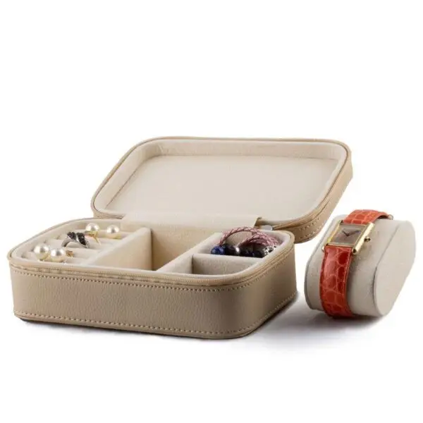 Premium custom leather watch travel case with jewelry storage compartments and branded interior