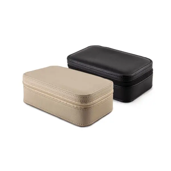Premium custom leather watch travel case with jewelry storage compartments and branded interior