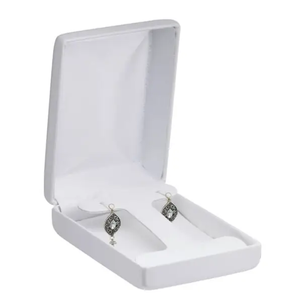 Custom leatherette earring boxes with T-style foam insert and custom logo branding options