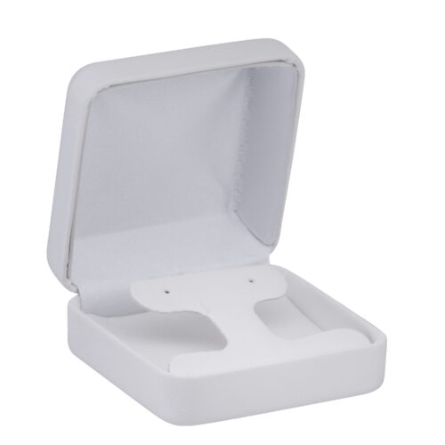 Leatherette rounded earring box with T-style closure and custom interior foam insert for jewelry retail packaging
