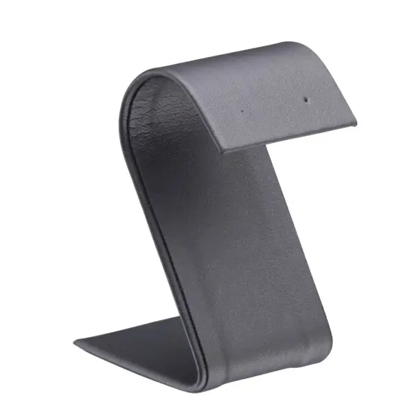 Premium leatherette arc foldover earring display stand with velvet insert, custom logo branding, front and open views