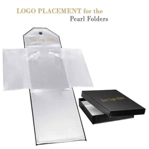 Small leatherette pearl finish jewelry folder pouch with custom logo branding for luxury retail packaging