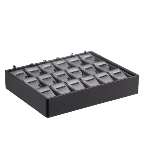 Leatherette stackable 18-slot jewelry display tray for earrings and pendants, shown in black with premium finish