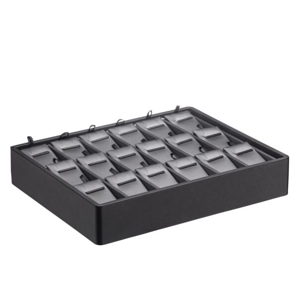 Leatherette stackable 18-slot jewelry display tray for earrings and pendants, shown in black with premium finish
