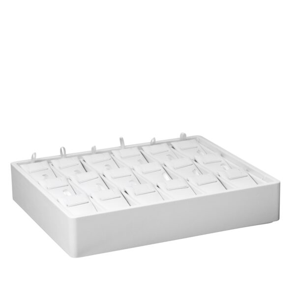 Leatherette stackable 18-slot jewelry display tray for earrings and pendants, shown in black with premium finish
