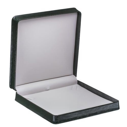 Textured leatherette necklace jewelry box with custom logo branding, premium finish, and customizable interior insert