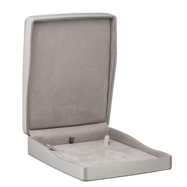 Premium leatherette necklace box with lustre finish, custom logo branding, and foam insert for jewelry packaging